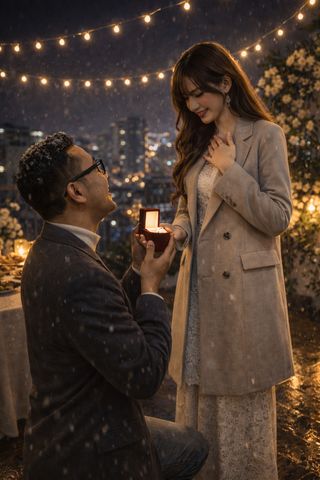 Beneath warm lights and a sky that feels impossibly close, he kneels with a trembling hope, asking her to turn their beginning into forever.