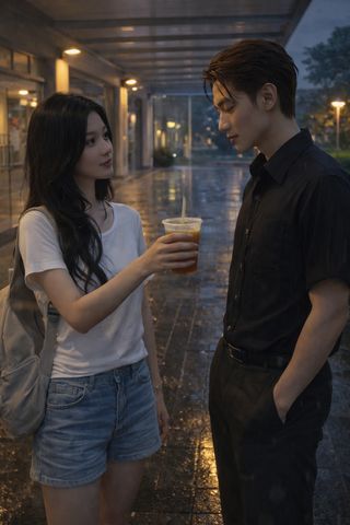 Xin Yue passing an ice lemon tea to Saiful