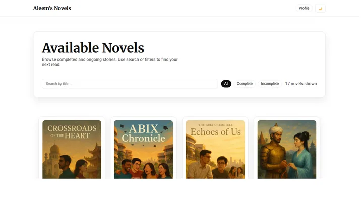 Aleem’s novel library showing illustrated covers and tools to find a story