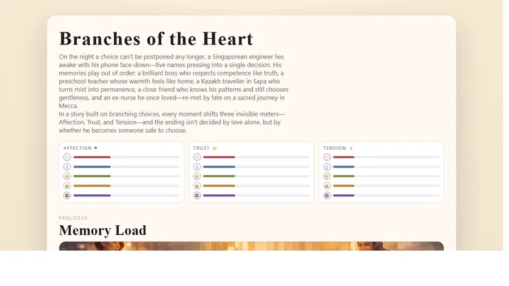 Crosswinds in Sapa visual novel showing a scene and the choices that branch its story
