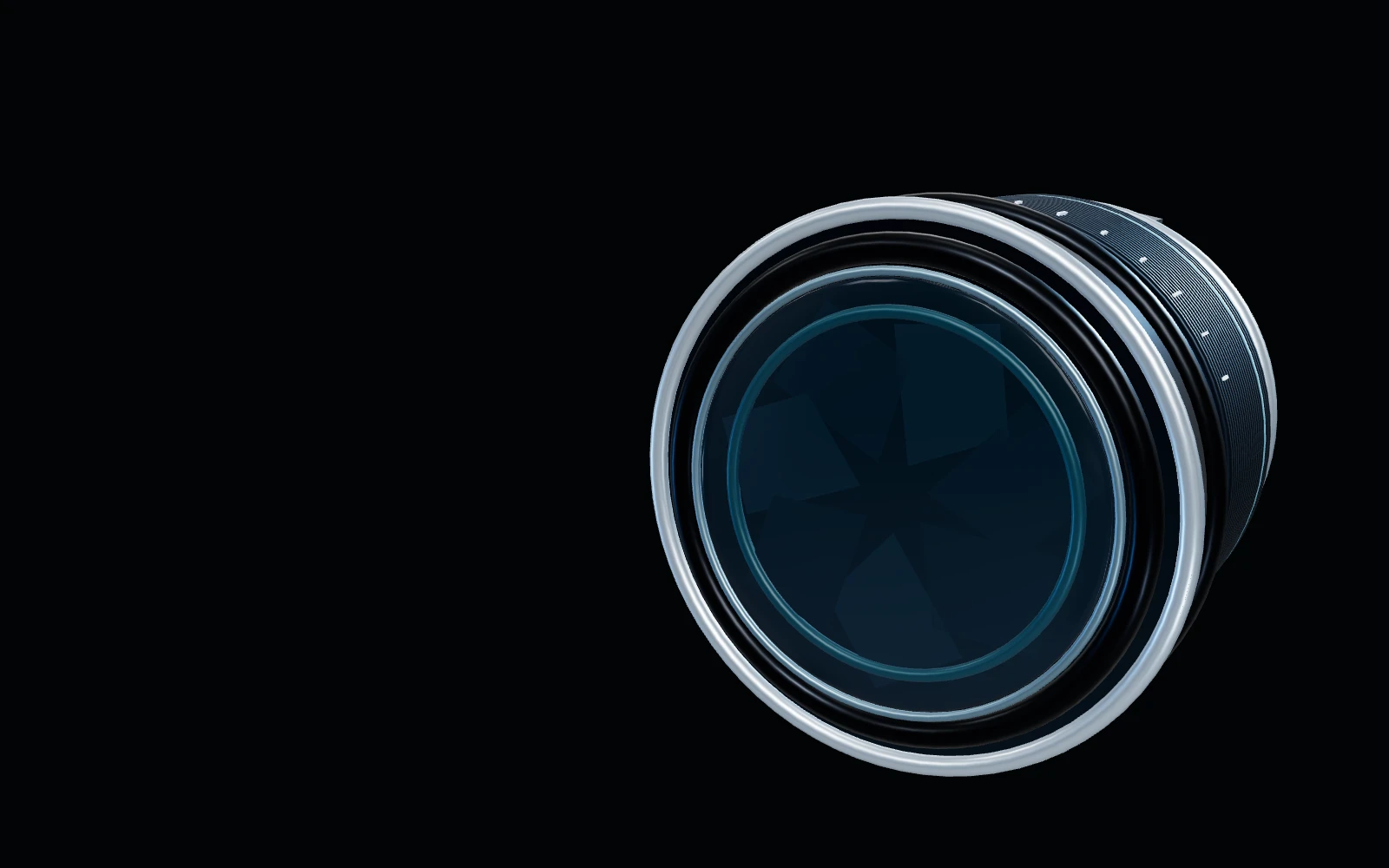 A precision lens, lit in silver and ice blue against a carbon background.